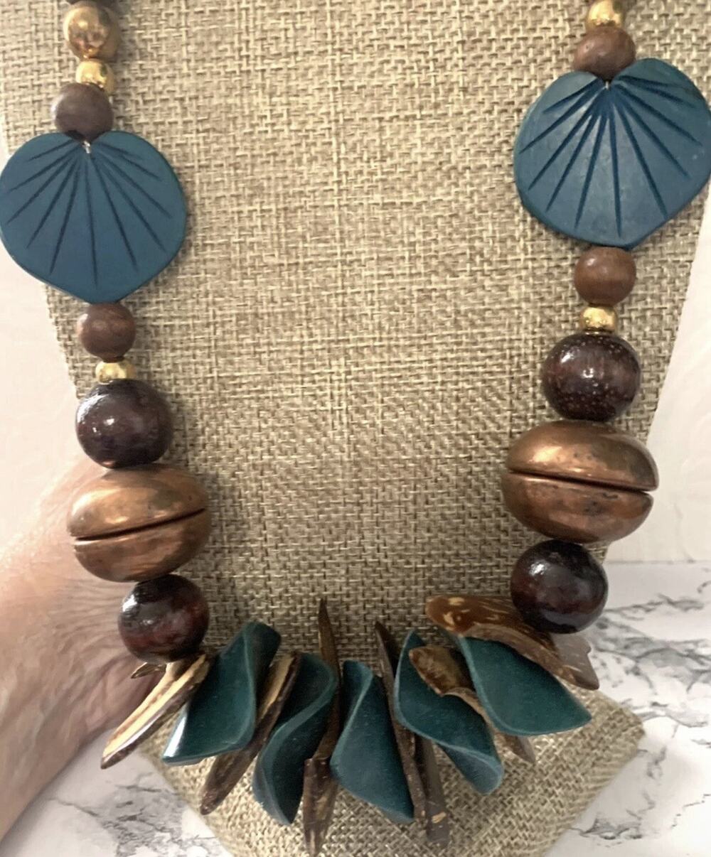 Vintage 1980s Chunky Wood Metal Bead Necklace Teal Copper Tone Statement 24"